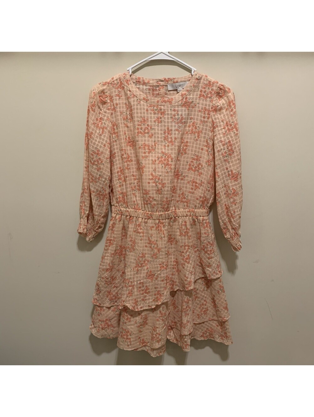 NWT Ann Taylor LOFT Meadow Tiered Ruffle Floral Mini Dress XSP Long Sleeve Peach
